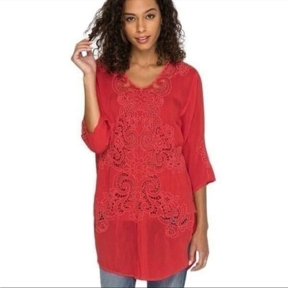 Johnny Was Tops - NWT Johnny Was Arlene appliqué Red Lace Tunic top with scoop neck 3/4 sleeves